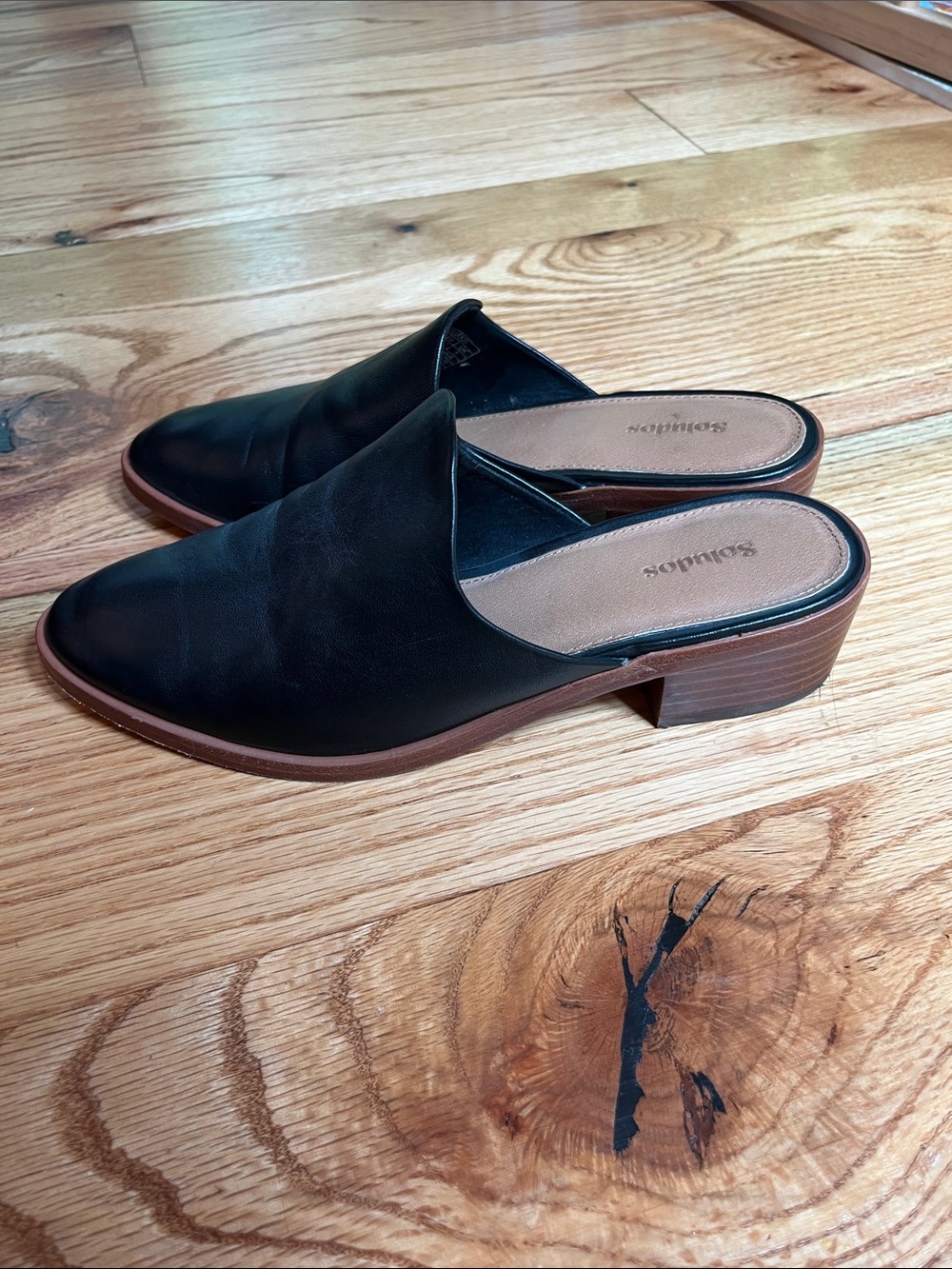 Soludos Black Slip-On Mule Heels with Brown Stacked Heel